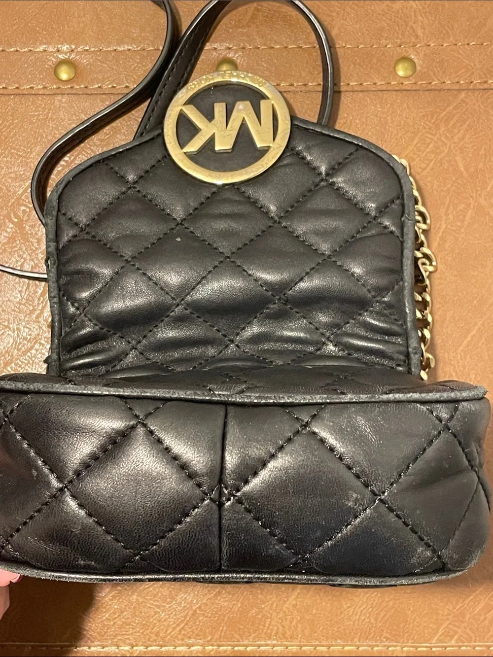 Used Michael Kors Black Quilted Crossbody Bag with Gold Logo